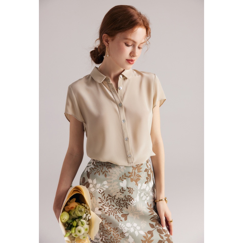 Spring/Summer Lapel Commuter Solid Color Loose100%Mulberry Silk Short Sleeve Silk Blouse For Women