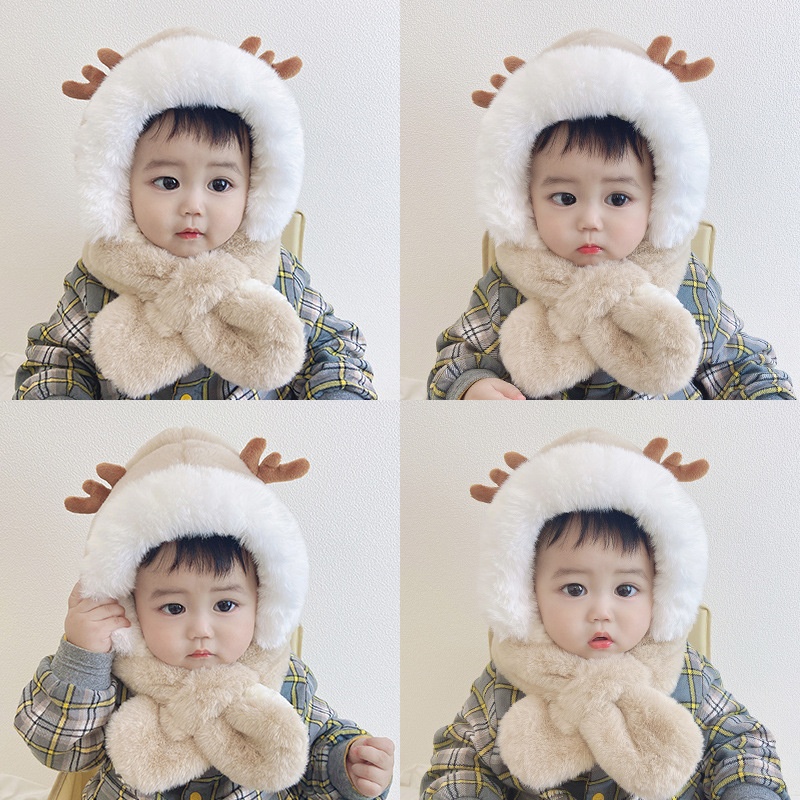 Qiunan Children's Hat Scarf One-piece Plus Velvet Thickened Cute Boys And Girls Cartoon Deer Antler Baby Pullover Hat