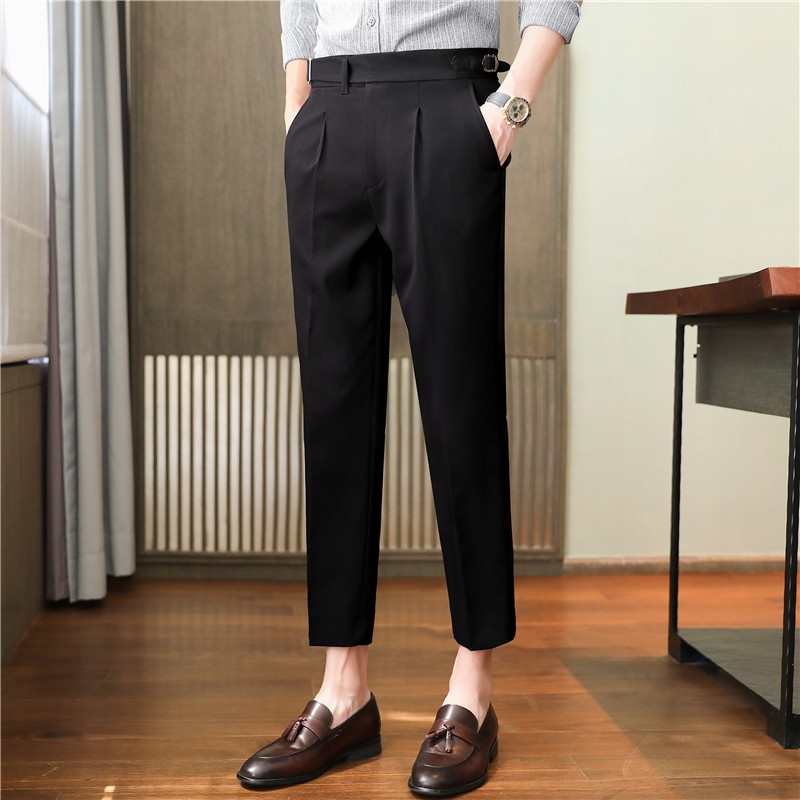 Naples Men's Casual Trousers Slim Fit Belt Decoration Drape Stylish Light Business Trousers
