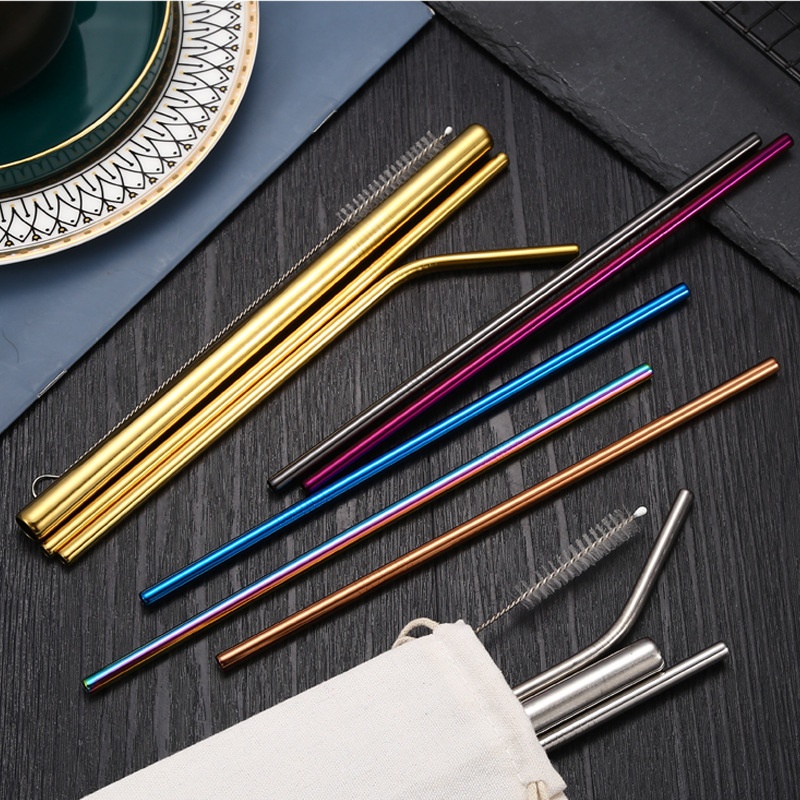 304 Stainless Steel Straw Creative Titanium Plated Colorful Pearl Milk Tea Coffee Beverage Metal Straw Set