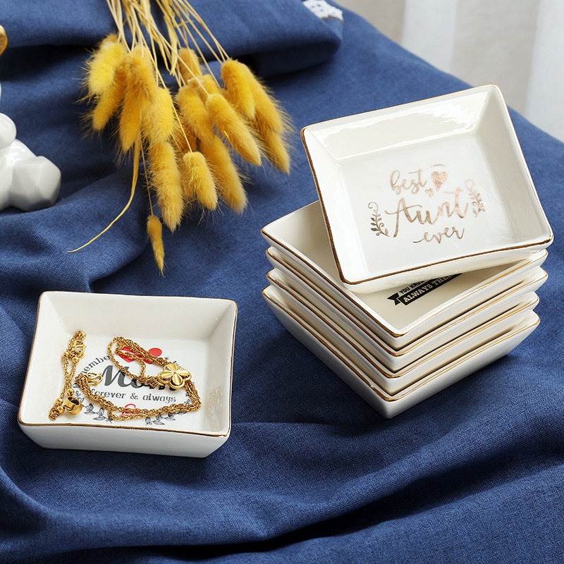 Square Gold-rimmed Storage Tray Ring Necklace Earrings Ceramic Jewelry Tray