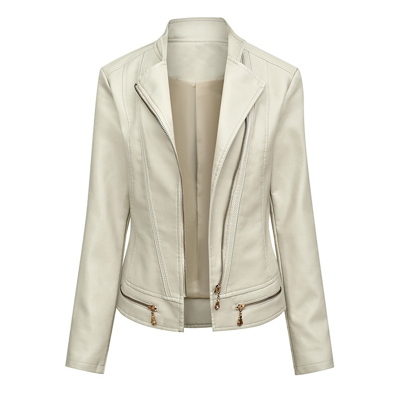 European And American Spring And Autumn Women's Fit Thin Outdoor Casual Jacket Women's Motorcycle Wear Large Size Suit Collar P U Leather Jacket - 2