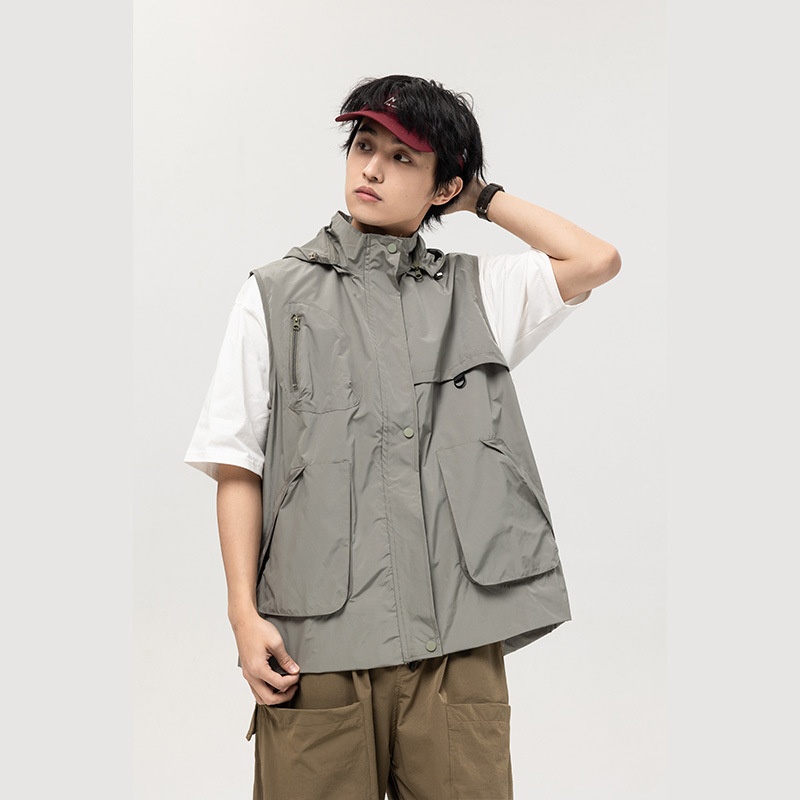 ATBORDERSpring And Summer Japanese Workwear Multi-Pockety Casual Hooded Sleeveless Jacket Vest Men