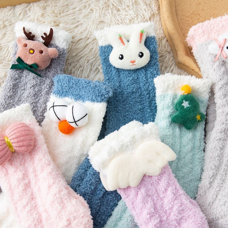 Coral Fleece Socks Women's Thickened Doll Autumn And Winter Warm Sleeping Floor Socks Confinement Plush Furry Middle-tube Socks