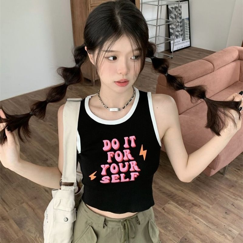 French Chic Contrast Color Print Camisole Blue Inner Wear Summer Female Navel Short Slim Fit Bm Top Female