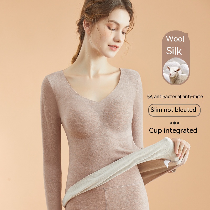 Autumn And Winter Wool And Silk Thermal Tops, Heated Base Layers With Chest Pads, Plus Velvet, Thickened Autumn Clothes And Long Trousers Suits For Women