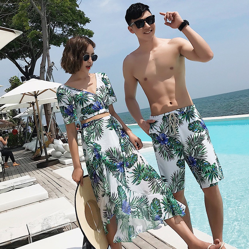 Couple Swimsuit Fashion Suit Women's Three-piece Sexy Split Boxers Men's Quarter Pants
