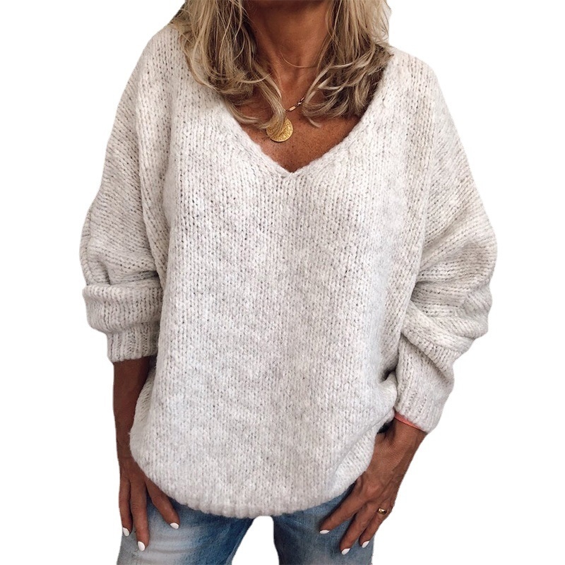 274125 European And American Foreign Trade Autumn And Winter Sweater V-neck Solid Color Loose Large Size Sweater Pullover Top For Women In Stock - 5