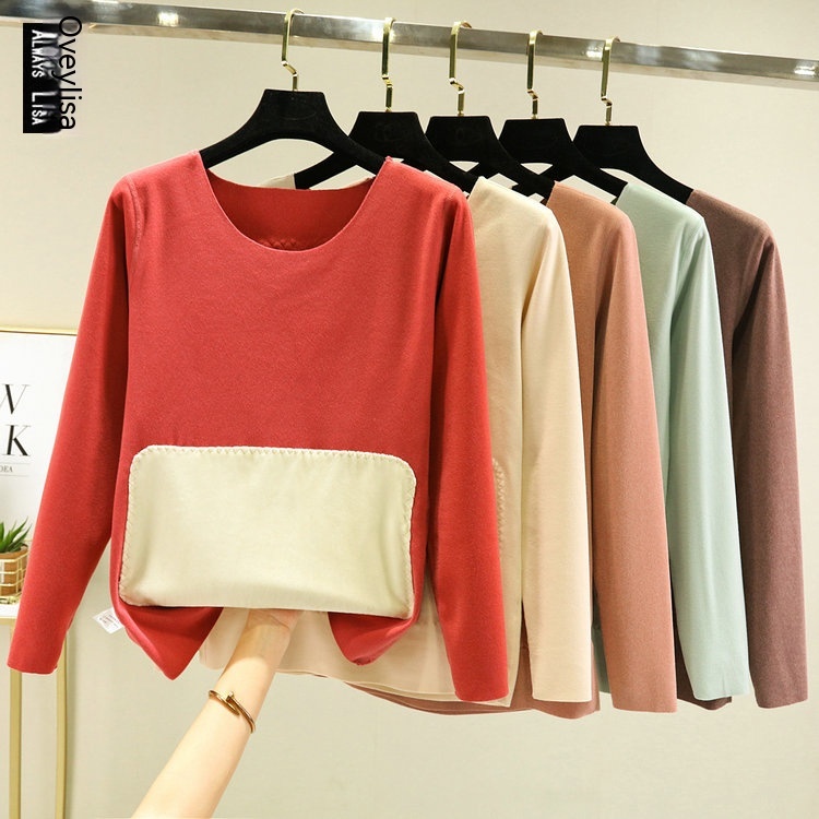 Double-sided German Velvet Round-neck Bottoming Shirt For Women With Belly Patch And Velvet Thickening Warm Top For Winter And Autumn.