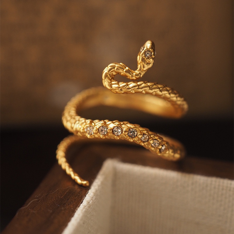 Niche Design Golden Snake Vintage Retro Middle-aged Ring With Diamond Opening And Adjustable Opening - 3