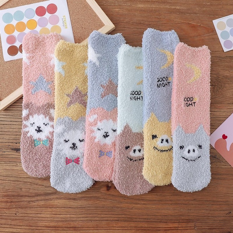 Japanese Cartoon Coral Velvet Socks Floor Socks Ladies Half-velvet Mid-tube Thickened Sleeping Bear Socks Lint