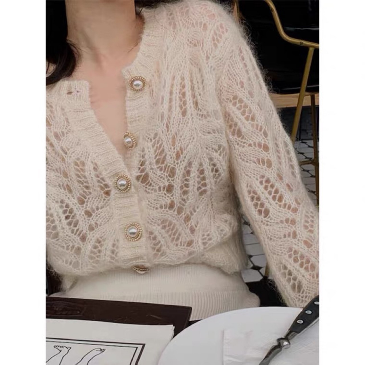 Short Round Neck Pearl Button White Hollow Thin Knitted Cardigan Sweater Jacket Women's Tops - 3