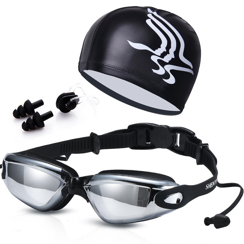 Electroplated Waterproof,Anti-fog And Anti-ultraviolet Large-frame Swimming Goggles Nose Clip Earplugs Adult Swimming Goggles