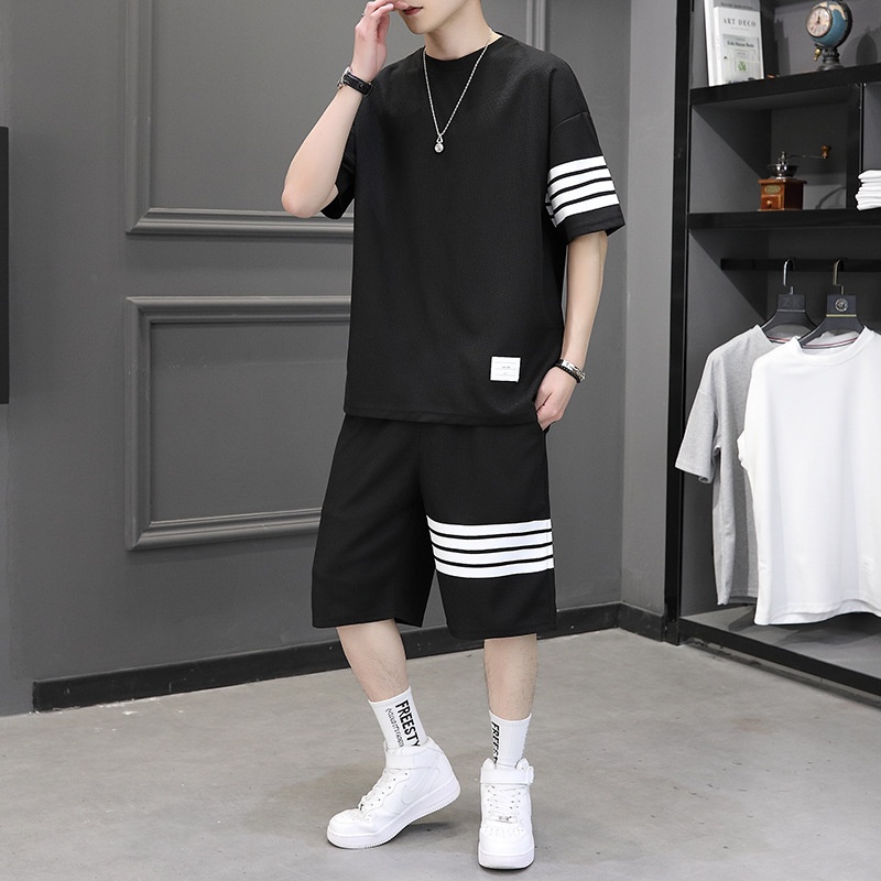 Waffle Casual Sports Suit Men's Summer Tb Four-bar Short-sleeved T-shirt Shorts Set Of Handsome Men's Clothing Two Pieces