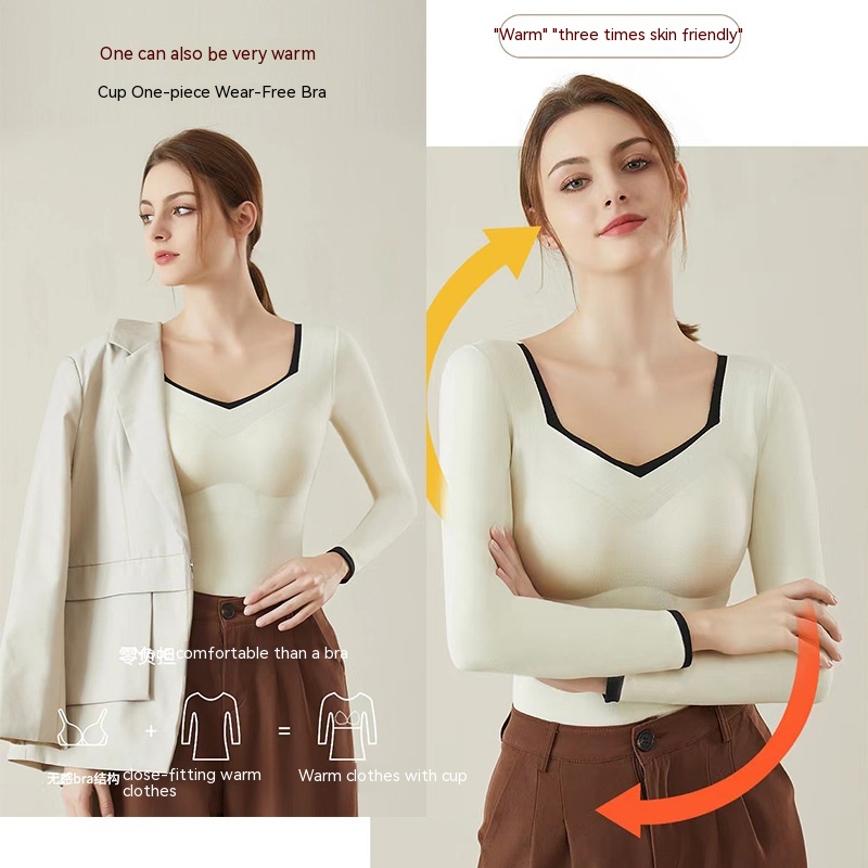 Cashmere Silk Thermal Top, Heated Base Layer With Chest Pad, Velvet And Thickened Long-sleeved Autumn Coat For Women