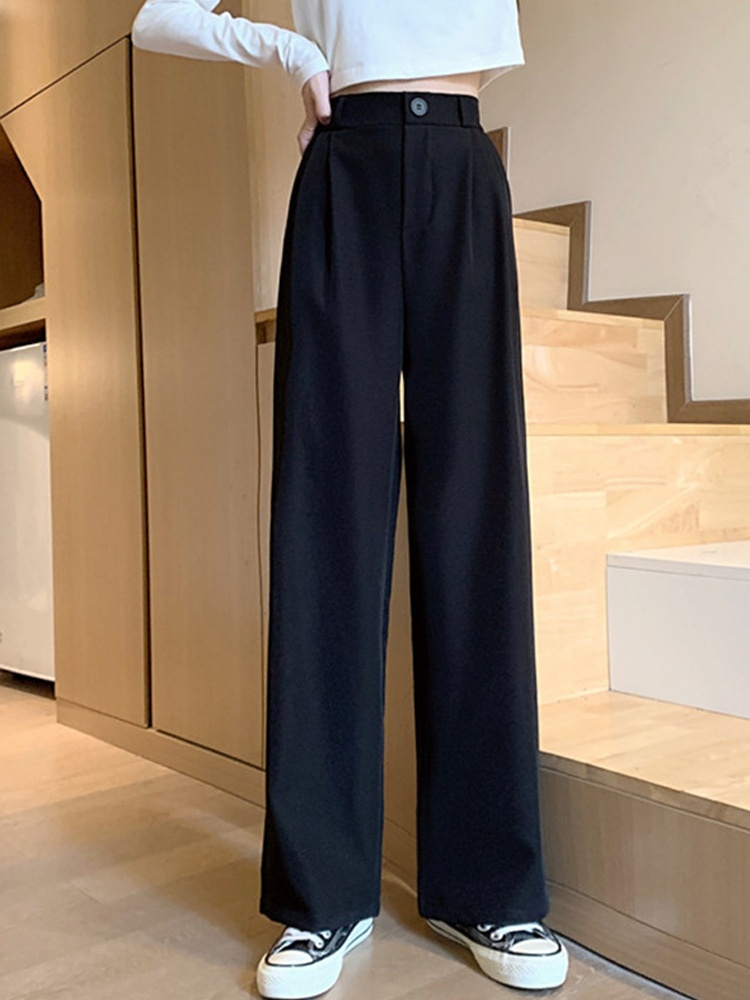 Spring And Autumn Black Suit Pants Women's High Waist Drape Wide Leg Pants Loose Straight Floor-length Casual Pants
