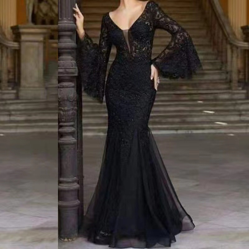 W T1120# Evening Dress Style Noble Sexy Slim Fishtail Long Banquet Dress Female Black Anchor - 2