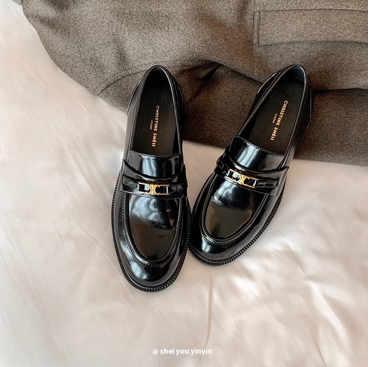 [Su Yinyin's]Homemade Style~Arc De Triomphe Gold Buckle Slip-on Loafers Single Shoes Women's Small Leather Shoes