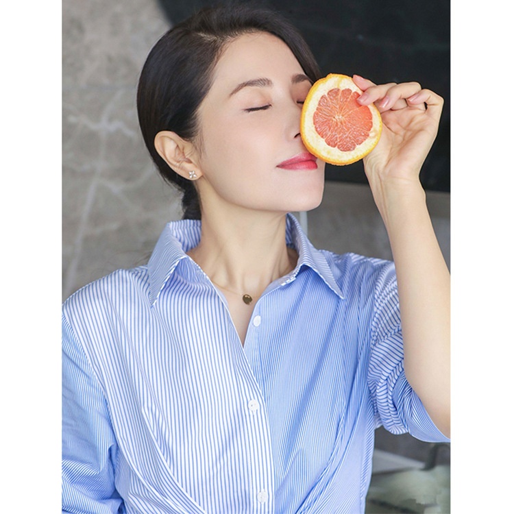 Celebrity Zeng Li's Striped Shirt Dress For Women, Mid-length Waist Slimming, Contrasting Color Asymmetry - 5