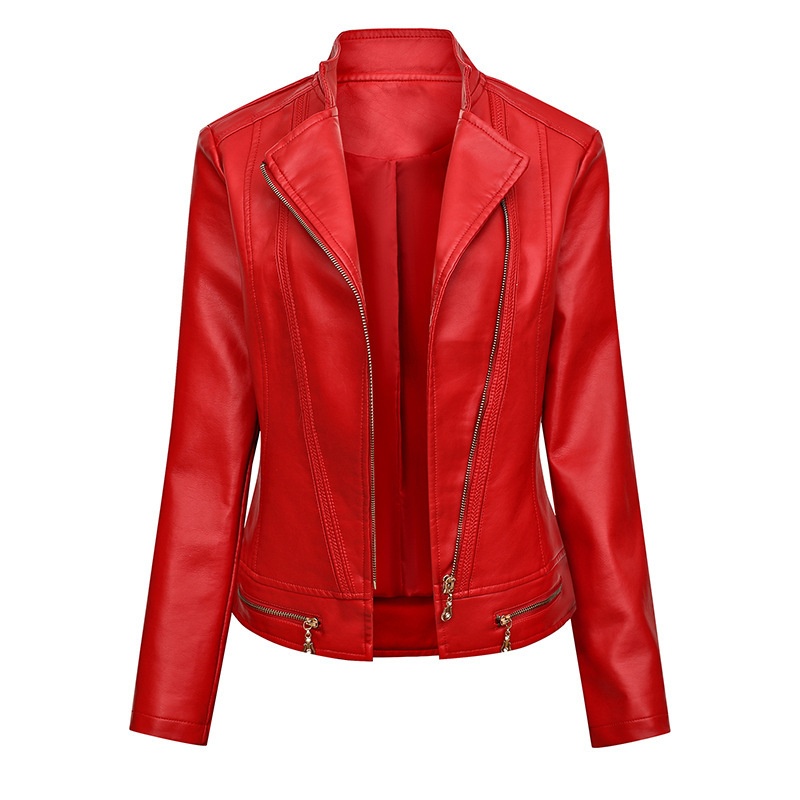 European And American Spring And Autumn Women's Fit Thin Outdoor Casual Jacket Women's Motorcycle Wear Large Size Suit Collar P U Leather Jacket - 4