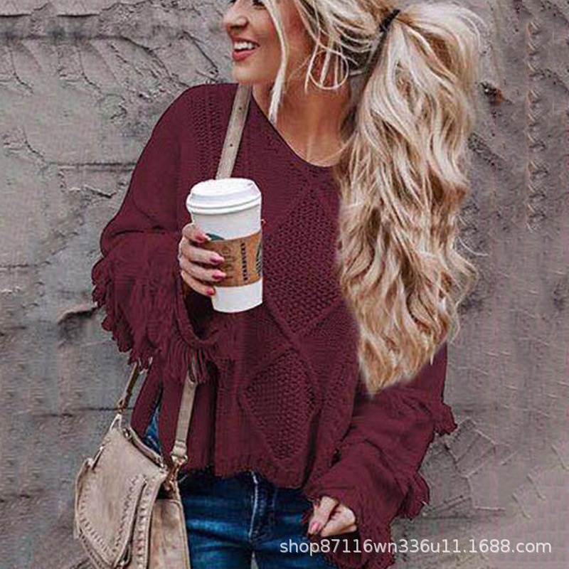 Autumn And Winter Street Y Pullover Tassel Design Sexy Off- Shoulder European And American Long- Sleeved Sweater For Women - 2