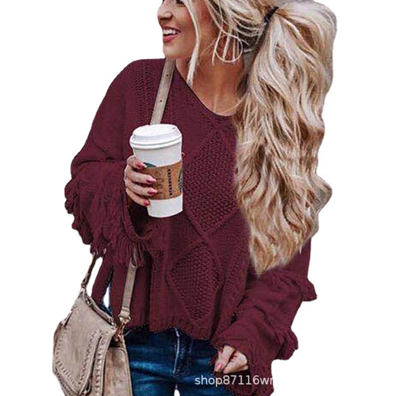 Autumn And Winter Street Y Pullover Tassel Design Sexy Off- Shoulder European And American Long- Sleeved Sweater For Women - 5