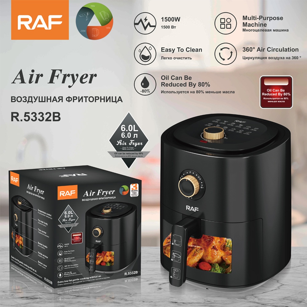 R A F European Standard Visual Air Fryer Smoke-free Multi-functional Household Large-capacity French Fries Machine Multi-function6 L