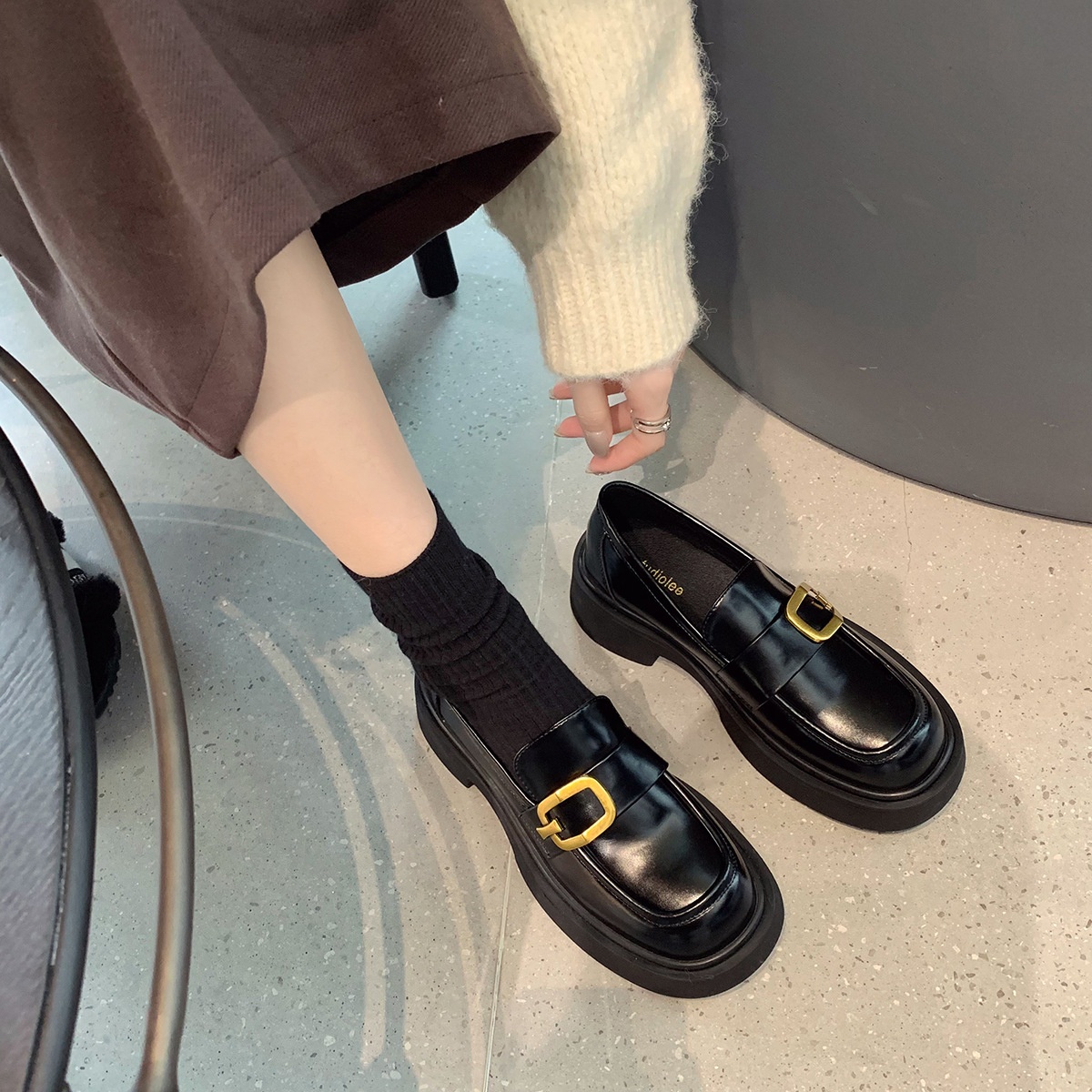 Grape Mom's British Style One-strap Square Buckle Thick Bottom Thick Heel Round Head Genuine Leather Loafers Small Leather Shoes For Women Spring