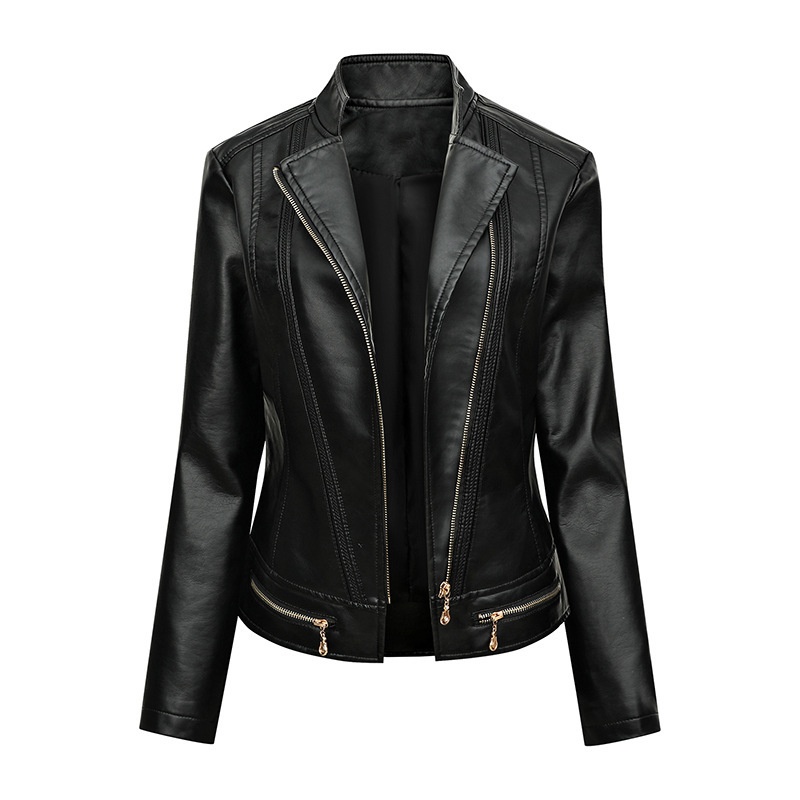 European And American Spring And Autumn Women's Fit Thin Outdoor Casual Jacket Women's Motorcycle Wear Large Size Suit Collar P U Leather Jacket - 1