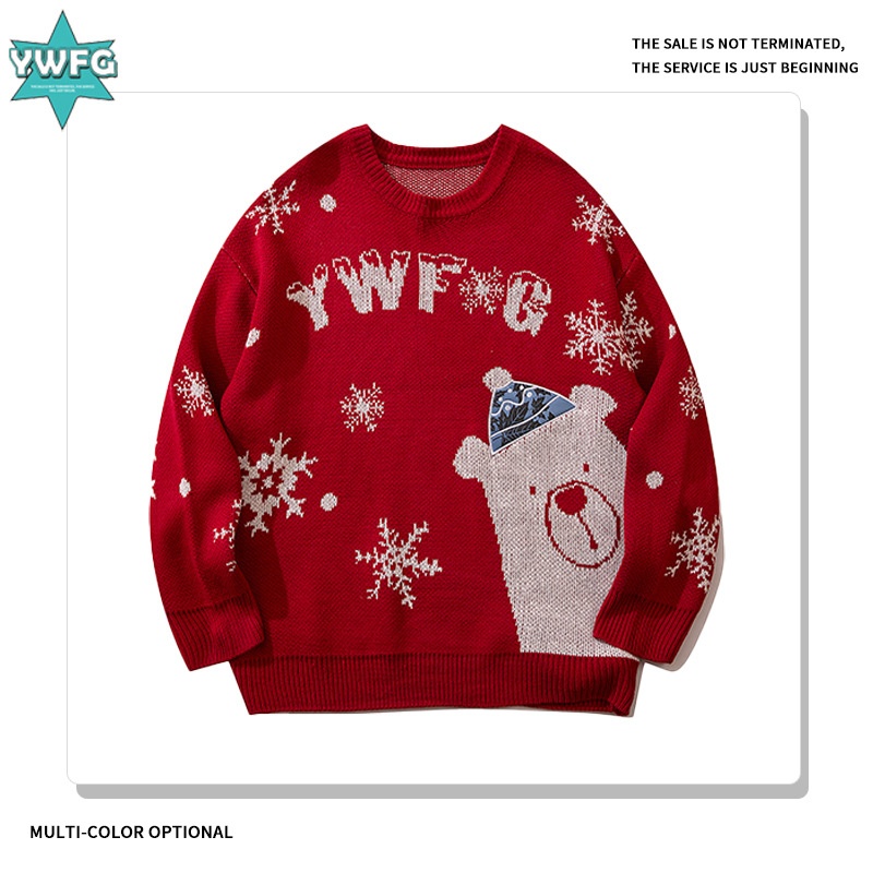 Y W F G Autumn And Winter Hong Kong Style Neutral Christmas Theme Casual Loose Sweater Versatile Round Neck Sweater - 1