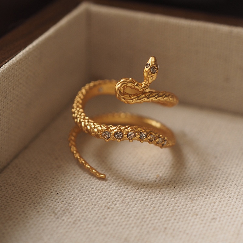 Niche Design Golden Snake Vintage Retro Middle-aged Ring With Diamond Opening And Adjustable Opening - 4