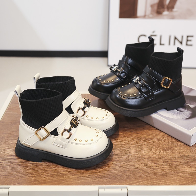 Girls Korean Style Sock Boots Autumn And Winter Leather Short Boots Students Soft Sole Soft Leather Casual Round Head Rivet Boots