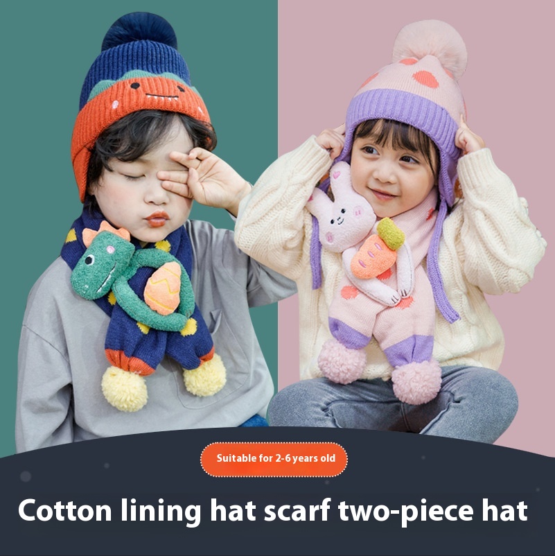 Qiunan Children's Hat Scarf All-in-one Winter Boys And Girls Cartoon Suit Knitted Wool Baby Earmuffs Hat