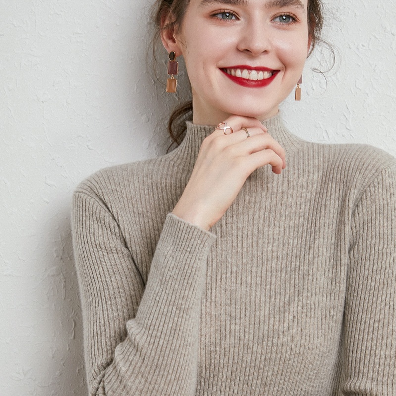 Half Turtleneck Striped Slim Fit Sweater Solid Color Wool Bottoming Sweater Korean Style Cashmere Sweater For Women - 1