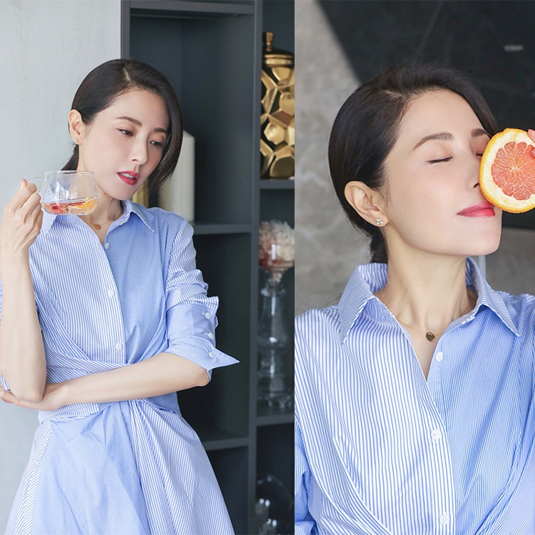 Celebrity Zeng Li's Striped Shirt Dress For Women, Mid-length Waist Slimming, Contrasting Color Asymmetry - 1