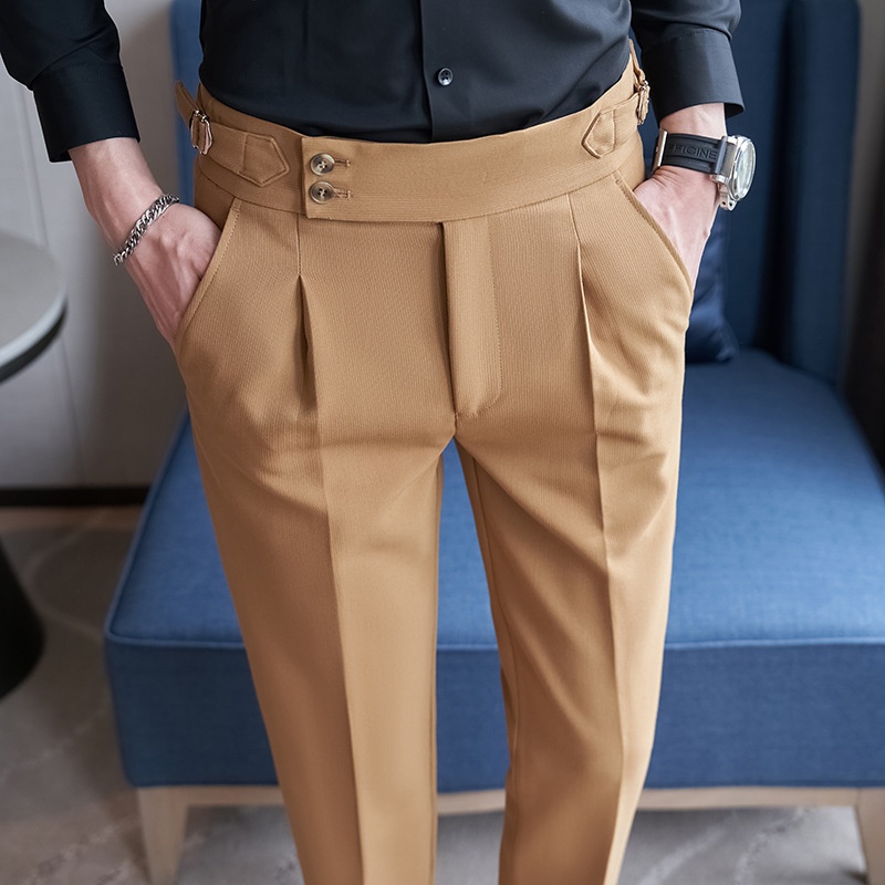Naples Mid-high Waist Casual Pants Italian Style Casual Solid Color Trouser Leg Curling Personality Small Suit Pants Men's Trousers