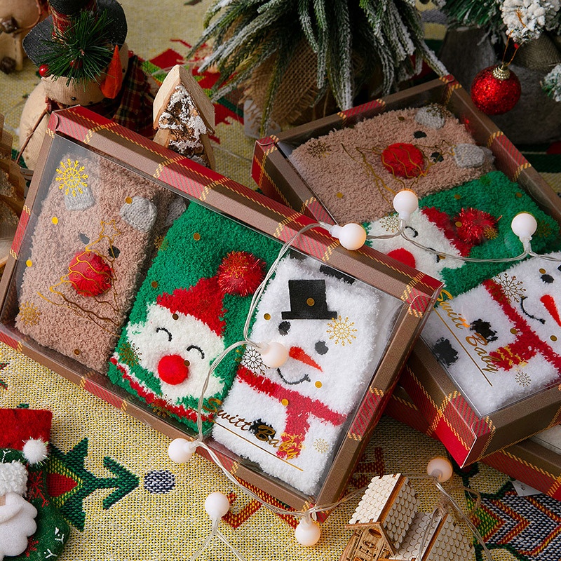 4 Pairs Of Couples Men And Women Coral Fleece Christmas Socks Gift Box Home Floor Socks