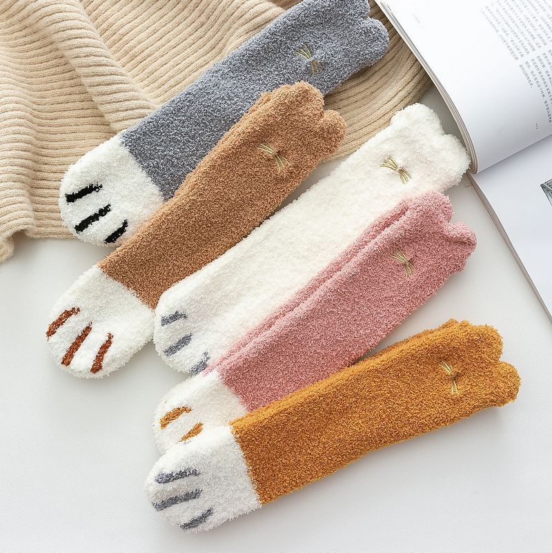 Non-shedding Plush Half-edge Velvet Cat Claw Socks Women's Mid-tube Socks Autumn And Winter Floor Socks Thickened Socks Coral Velvet
