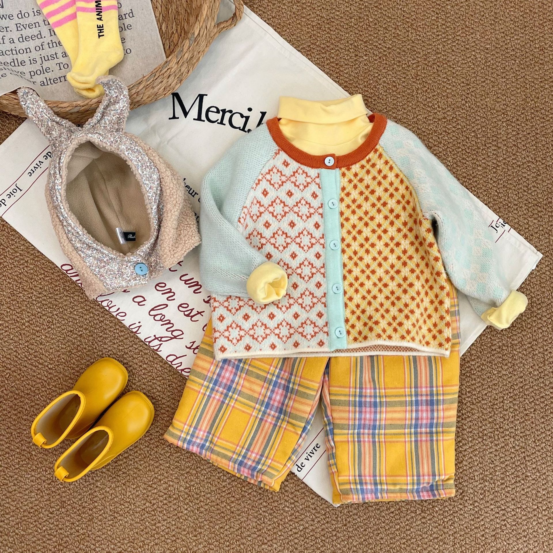 [Ready To Ship]Korean Year's Greetings Clothes,Children's Thick Jacquard Sweater,Girls'Baby Winter Knitted Cardigan Jacket