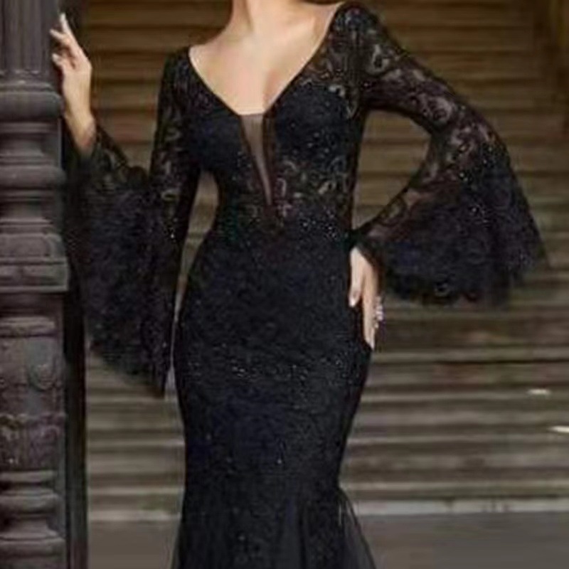 W T1120# Evening Dress Style Noble Sexy Slim Fishtail Long Banquet Dress Female Black Anchor - 3