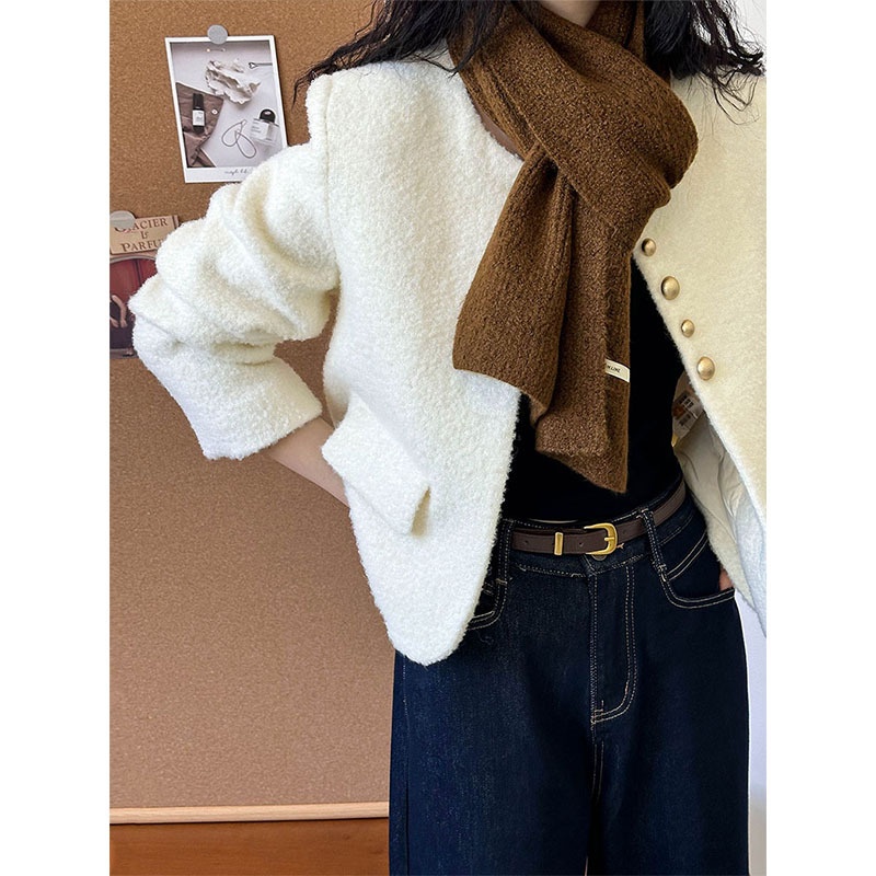 Juzhi Autumn And Winter Style Small Fragrance Style Down Solid Color Wool Cardigan Jacket Female Temperament Gentle Top8719