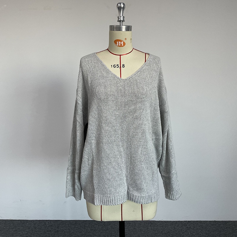 274125 European And American Foreign Trade Autumn And Winter Sweater V-neck Solid Color Loose Large Size Sweater Pullover Top For Women In Stock - 2