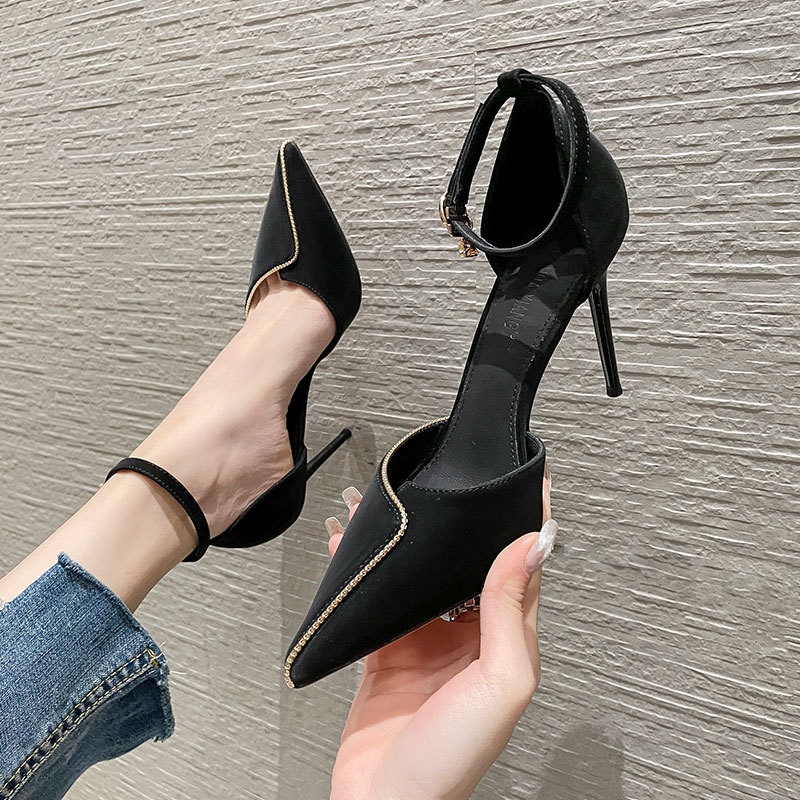 Imitation Leather Fashion Stiletto Korean Rubber One Size Black Buckle French Pointed European And American High Heels Sandals