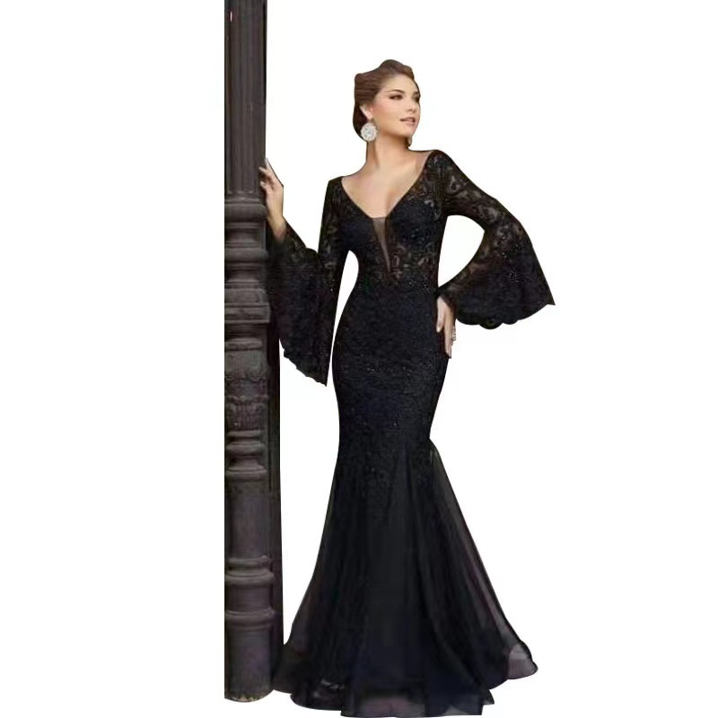 W T1120# Evening Dress Style Noble Sexy Slim Fishtail Long Banquet Dress Female Black Anchor - 5