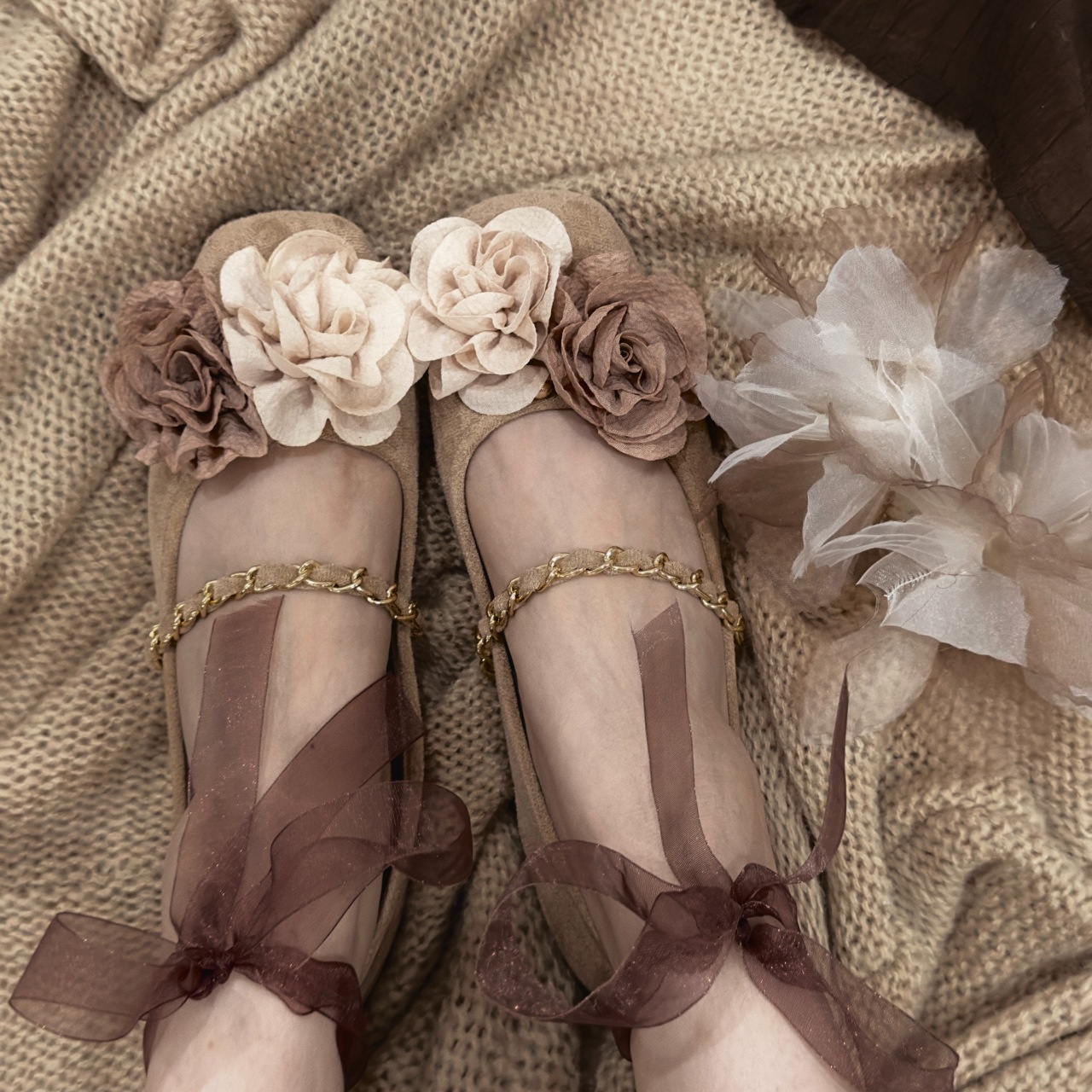 French Round Toe Retro Camellia Flat Mary Jane Shoes For Women Spring Single Strap Shallow Mouth Single Shoes