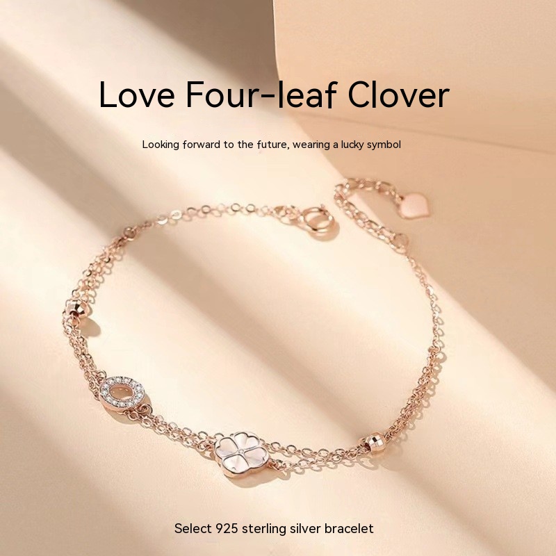S925 Silver Four-leaf Clover White Mother-of-pearl Bracelet Girls Bracelet Couple Holiday Gift Mother-of-pearl Zircon Women's Jewelry