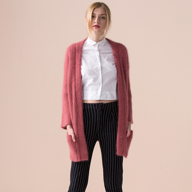 Knitted Sweater Thickened Sweater High Ratio Rabbit Fur Solid Color Knitted Cardigan Long Sleeve V-neck Ladies Sweater