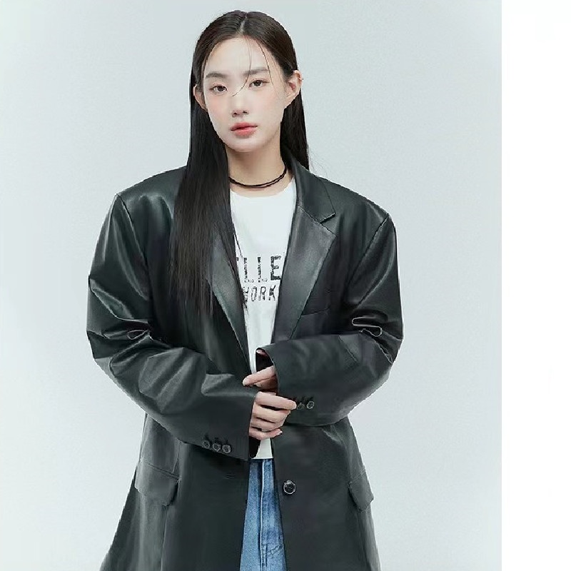 Spring Korean Style Commuting Casual Suit Leather Jacket Loose Coat