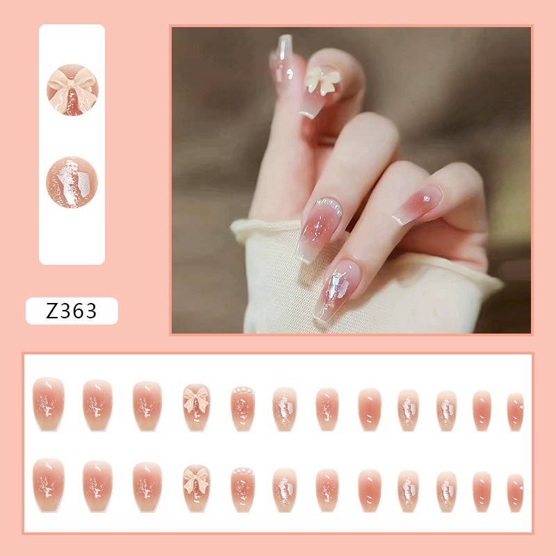 Three-dimensional Bow Wear Manicure Finished Fake Nails Pearl White Short Ballet Shiny Aurora Diamond Style