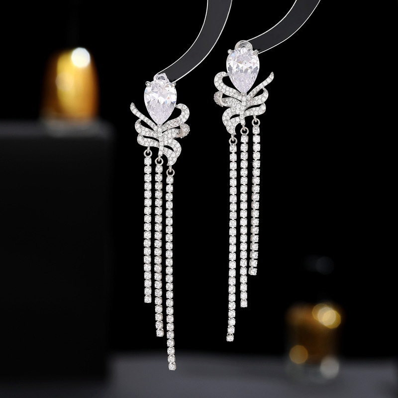 Earrings, Light Luxury And High-end Designer Style Zircon Feathers That Modify The Face Shape, Long Tassel Earrings